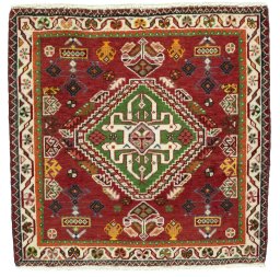 Full view of 2000s Shiraz rug from Iran / Persia, 56 × 57 cm in Red tones