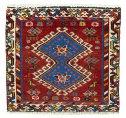 Full view of 2000s Shiraz rug from Iran / Persia, 56 × 55 cm in Red tones