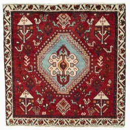 Full view of 2000s Shiraz rug from Iran / Persia, 66 × 67 cm in Red tones