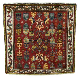 Full view of 2000s Shiraz rug from Iran / Persia, 61 × 61 cm in Red tones