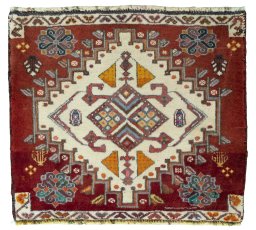Full view of 2000s Shiraz rug from Iran / Persia, 50 × 57 cm in Red tones