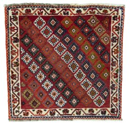 Full view of 2000s Shiraz rug from Iran / Persia, 58 × 59 cm in Red tones