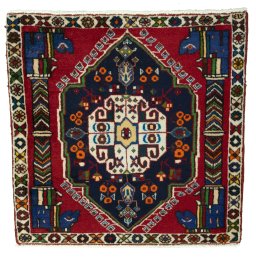Full view of 2000s Shiraz rug from Iran / Persia, 64 × 66 cm in Red tones