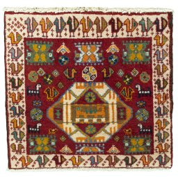 Full view of 2000s Shiraz rug from Iran / Persia, 49 × 53 cm in Red tones