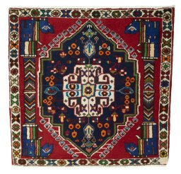 Full view of 2000s Shiraz rug from Iran / Persia, 65 × 67 cm in Red tones