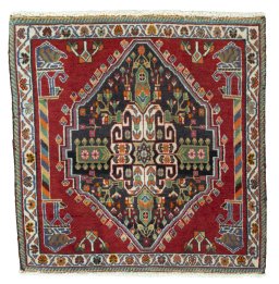 Full view of 2000s Shiraz rug from Iran / Persia, 65 × 64 cm in Red tones
