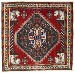 Full view of 1970s Shiraz rug from Iran / Persia, 65 × 68 cm in Red tones