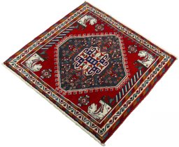 Corner detail of 1970s Shiraz rug showing border pattern and Wool pile