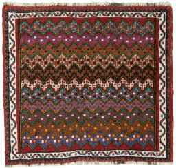 Full view of 1970s Shiraz rug from Iran / Persia, 54 × 58 cm in Red tones