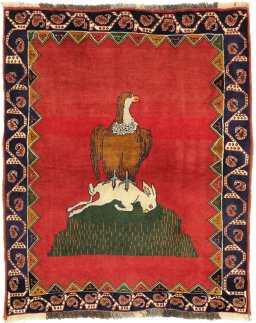 Full view of 1990s Shiraz rug from Iran / Persia, 140 × 115 cm in Red tones