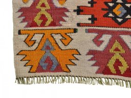 Full view of 1950s Sirjan rug from Iran / Persia, 439 × 184 cm in Multi Color tones