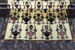 Full view of New Sirjan rug from Iran / Persia, 195 × 136 cm in Beige tones