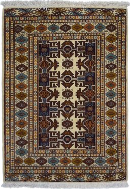 Full view of 1960s Torkaman rug from Iran / Persia, 90 × 70 cm in Multi Color tones