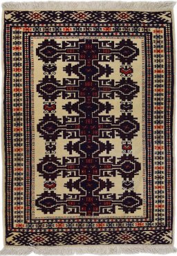 Full view of 1960s Torkaman rug from Iran / Persia, 108 × 80 cm in Cream tones