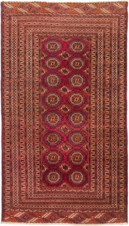 Full view of 1960s Torkaman rug from Uzbekistan, 200 × 114 cm in Dark red tones