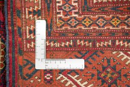 Close-up detail of 1960s Torkaman rug from Uzbekistan showing Wool weave
