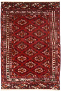 Full view of 1960s Torkaman rug from Iran / Persia, 162 × 114 cm in Dark red tones