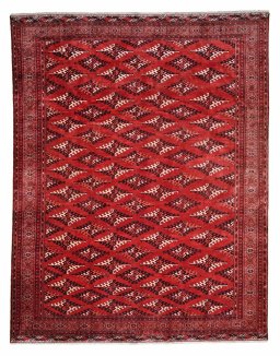 Full view of 2000s Torkaman rug from Iran / Persia, 301 × 233 cm in Red tones