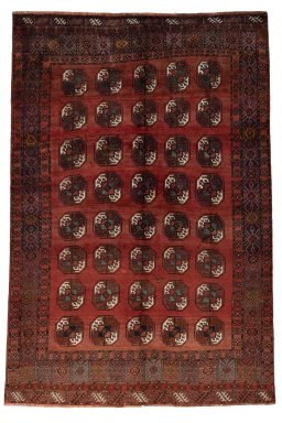 Full view of 2000s Torkaman rug from Iran / Persia, 280 × 188 cm in Red tones