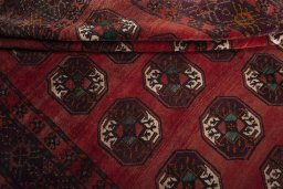 Full view of 2000s Torkaman rug from Iran / Persia, 280 × 188 cm in Red tones