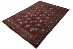 Corner detail of 2000s Torkaman rug showing border pattern and Wool pile