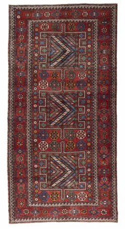 Full view of 1970s Torkaman rug from Iran / Persia, 305 × 155 cm in Red tones