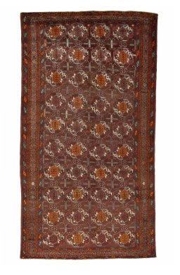 Full view of 2000s Torkaman rug from Iran / Persia, 293 × 158 cm in Red tones