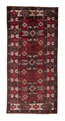 Full view of 2000s Torkaman rug from Iran / Persia, 320 × 152 cm in Red tones