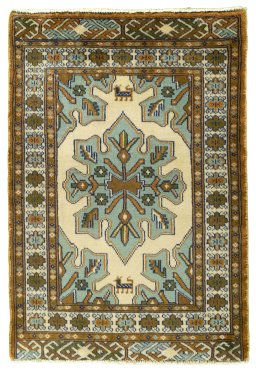 Full view of 2000s Torkaman rug from Iran / Persia, 86 × 60 cm in Beige tones