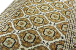 Backside of handmade New Torkaman rug showing knot structure and weave density