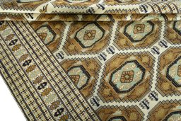 Full view of New Torkaman rug from Turkey, 296 × 214 cm in Beige tones