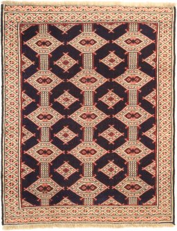 Full view of 1990s Torkaman rug from Iran / Persia, 105 × 85 cm in Beige tones