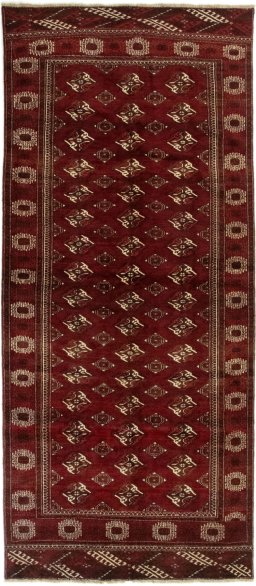 Full view of 2017s Torkaman rug from Iran / Persia, 355 × 155 cm in Dark red tones