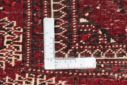 Backside of handmade 2017s Torkaman rug showing knot structure and weave density