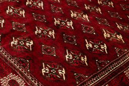 Backside of handmade 2017s Torkaman rug showing knot structure and weave density