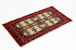 Corner detail of 2000s Torkaman rug showing border pattern and Wool pile