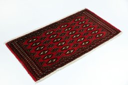 Corner detail of 2000s Torkaman rug showing border pattern and Wool pile