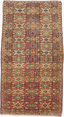 Full view of 1990s Torkaman rug from Iran / Persia, 147 × 77 cm in Beige tones