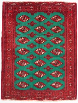 Full view of 1990s Torkaman rug from Iran / Persia, 185 × 145 cm in Green tones