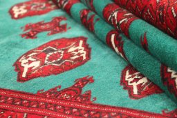Full view of 1990s Torkaman rug from Iran / Persia, 185 × 145 cm in Green tones
