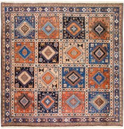 Full view of 1990s Yalameh rug from Iran / Persia, 201 × 199 cm in Multi Color tones