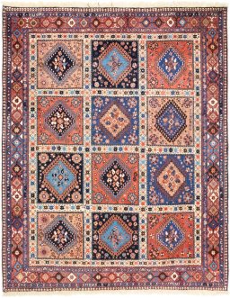 Full view of 1990s Yalameh rug from Iran / Persia, 193 × 151 cm in Multi Color tones