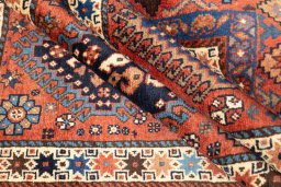 Full view of 1990s Yalameh rug from Iran / Persia, 193 × 151 cm in Multi Color tones
