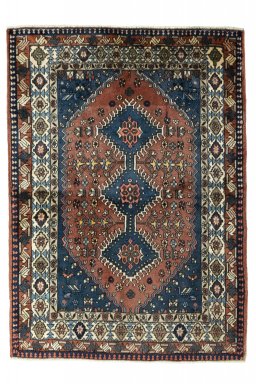 Full view of 2000s Yalameh rug from Iran / Persia, 152 × 108 cm in Red tones
