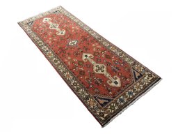 Close-up detail of 2000s Yalameh rug from Iran / Persia showing Wool weave