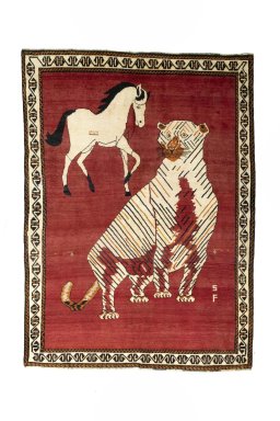 Full view of 2000s Yalameh rug from Iran / Persia, 248 × 183 cm in Red tones