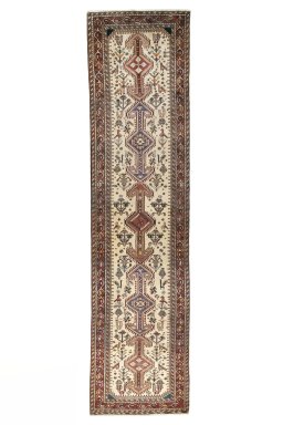Full view of 2000s Yalameh rug from Iran / Persia, 405 × 100 cm in Beige tones