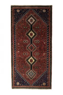 Full view of 2000s Yalameh rug from Iran / Persia, 225 × 113 cm in Red tones