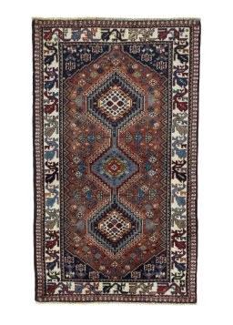 Full view of 2000s Yalameh rug from Iran / Persia, 137 × 80 cm in Red tones
