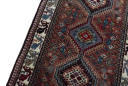 Backside of handmade 2000s Yalameh rug showing knot structure and weave density